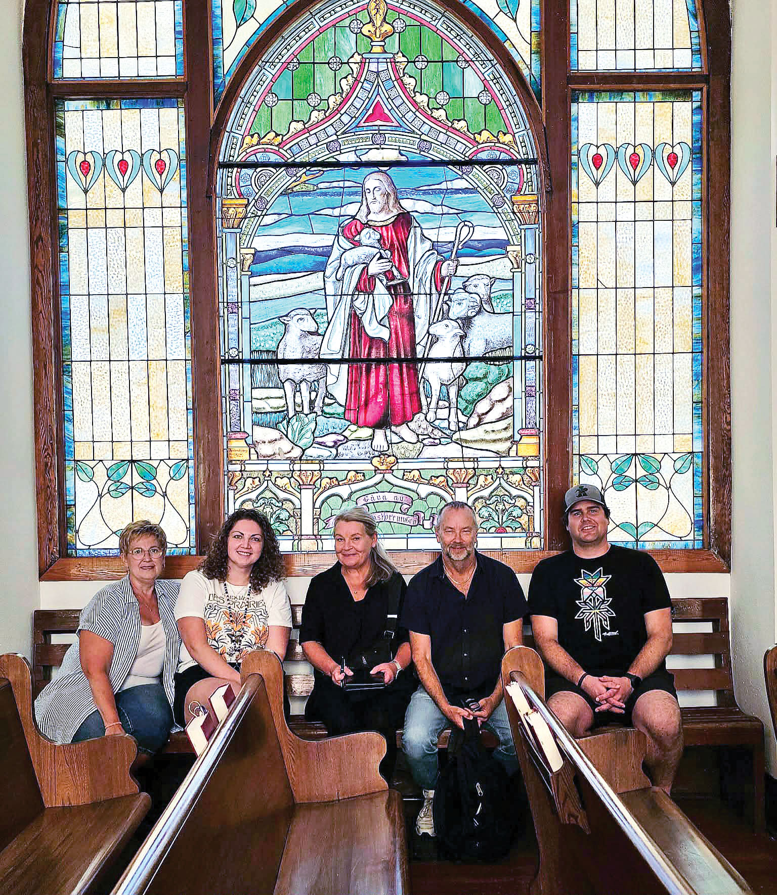 When Swedish travel writers Ola Liljedahl and Lena Nyblad visited Canada several months ago, they stopped in to see the New <br />
Stockholm Lutheran Church with their Stockholm, Sask. hosts. From left to right are Bev Szumutku, Samantha Smart-Sondergaard, Lena <br />
Nyblad, Ola Liljedahl and Jamie Smart-Sondergaard.
